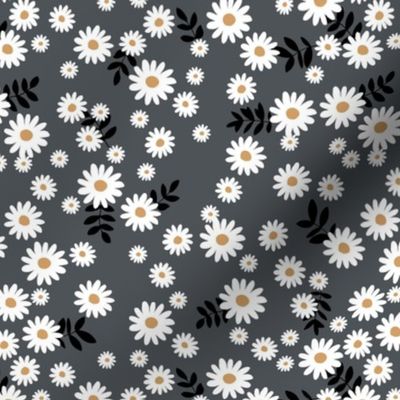 Little daisies and leaves summer garden minimal Scandinavian blossom charcoal black white