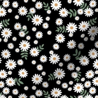 Little daisies and leaves summer garden minimal Scandinavian blossom black white green yellow