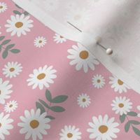 Little daisies and leaves summer garden minimal Scandinavian blossom pink white green yellow