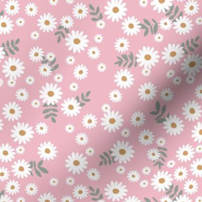 Little daisies and leaves summer garden minimal Scandinavian blossom pink white green yellow