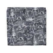 Canadian Wildlife Chalk on Dark Slate Blue, Bears, Moose, Pine Trees, Rustic Outdoors Western Cabin