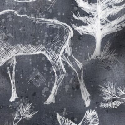 Canadian Wildlife Chalk on Dark Slate Blue, Bears, Moose, Pine Trees, Rustic Outdoors Western Cabin