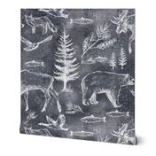 Canadian Wildlife Chalk on Dark Slate Blue, Bears, Moose, Pine Trees, Rustic Outdoors Western Cabin