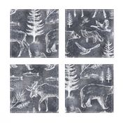 Canadian Wildlife Chalk on Dark Slate Blue, Bears, Moose, Pine Trees, Rustic Outdoors Western Cabin