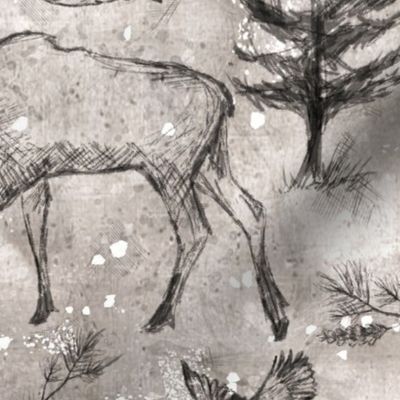 Canadian Wildlife Black Ink Coffee Brown Muslin, Bears, Moose, Pine Trees, Rustic Outdoors Western Cabin