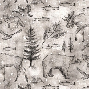 Canadian Wildlife Black Ink Coffee Brown Muslin, Bears, Moose, Pine Trees, Rustic Outdoors Western Cabin