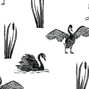 Diagonal Black Swans - block print