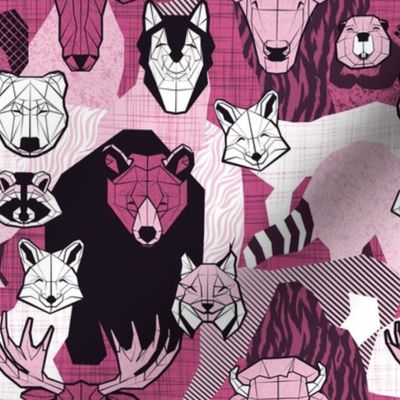 Small scale // Canadian wild geometric animals // monochromatic pink with bear bull moose beaver bison lynx raccoon bear wolf foxes
