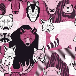 Small scale // Canadian wild geometric animals // monochromatic pink with bear bull moose beaver bison lynx raccoon bear wolf foxes