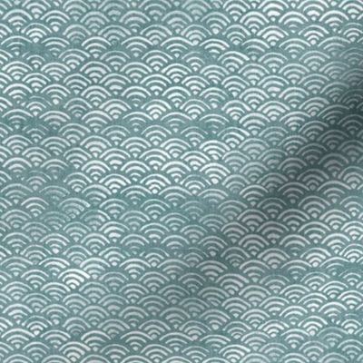 Japanese Block Print Pattern of Ocean Waves in White on Teal | Japanese Waves Pattern in Sea Foam, Blue Green Boho Print, Beach Fabric.
