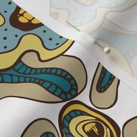 Floral Doodles in  white mustard blue brown 