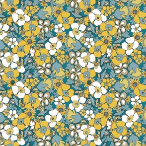 Floral Doodles in  white mustard blue brown 