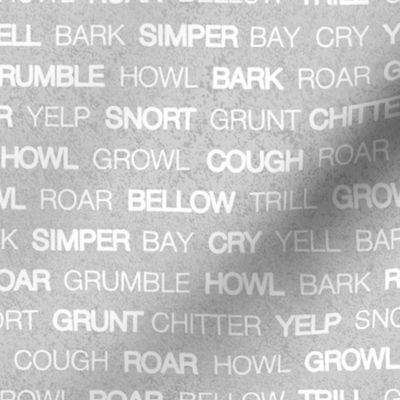 Small scale // Wildlife sounds // grey faux textured background white animal onomatopoeia words coordinate design