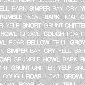 Small scale // Wildlife sounds // grey faux textured background white animal onomatopoeia words coordinate design