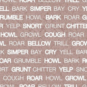 Small scale // Wildlife sounds // brown faux textured background white animal onomatopoeia words coordinate design