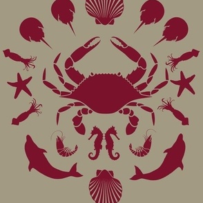 Nautical Seafood Toile in Red and Taupe