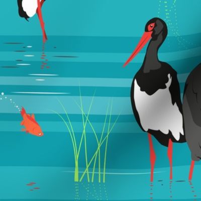 black stork, gold fish