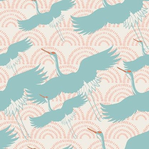 Crane brids flying over abstract clouds Japanese style seamless pattern