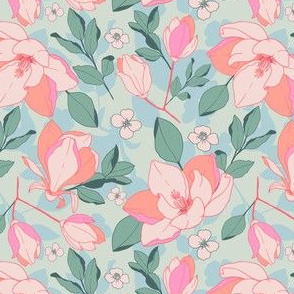 Magnolias Pink and Green Florals
