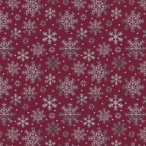 Wine Red silver glitter snowflakes Christmas tiny small Fabric
