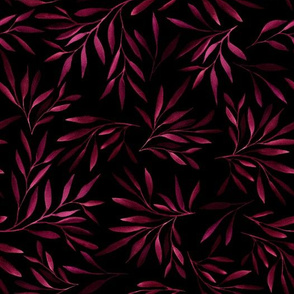 Willow leaves and branches. Burgundy on black 0266