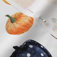 LARGE watercolor pumpkins fabric - halloween fabric - white