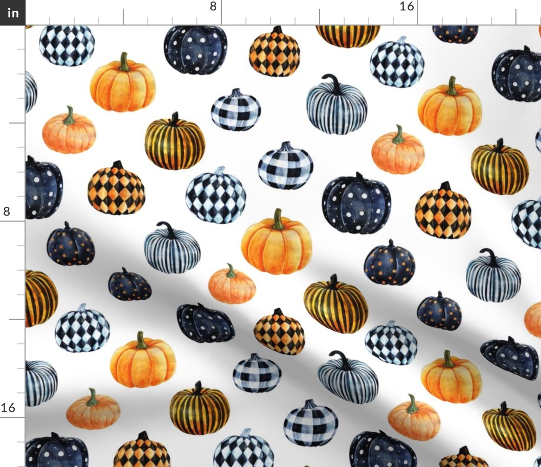 LARGE watercolor pumpkins fabric - halloween fabric - white