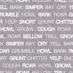 Small scale // Wildlife sounds // brown lily faux textured background white animal onomatopoeia words coordinate design