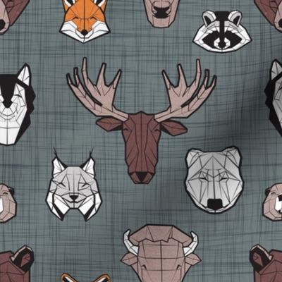 Small scale // Friendly Canadian Geometric Animals // green grey linen texture background black and white orange brown and grey bear moose fox lynx beaver castor wolf raccoon bison