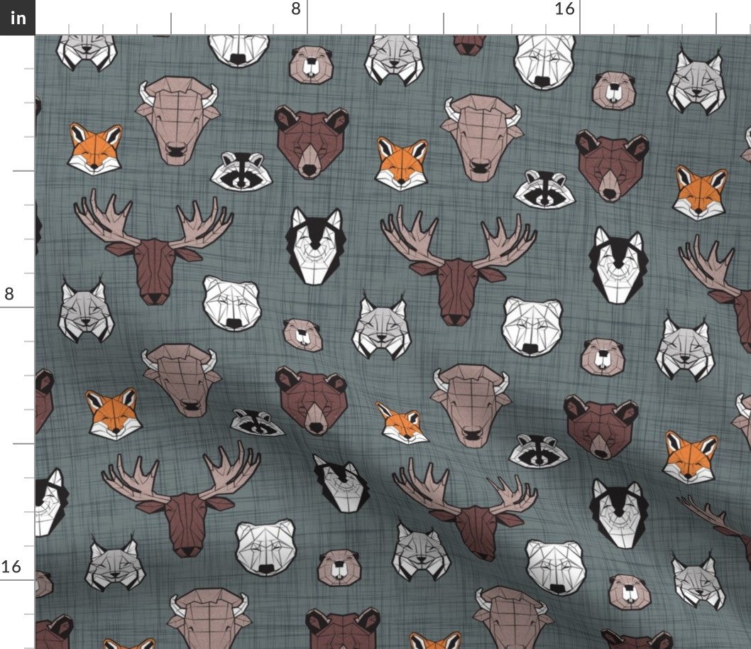 Small scale // Friendly Canadian Geometric Animals // green grey linen texture background black and white orange brown and grey bear moose fox lynx beaver castor wolf raccoon bison