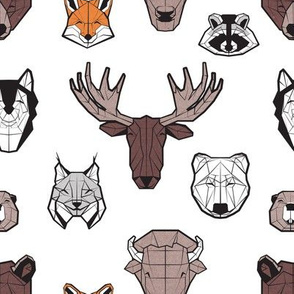 Small scale // Friendly Canadian Geometric Animals // white background black and white orange brown and grey bear moose fox lynx beaver castor wolf raccoon bison