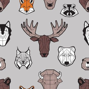 Small scale // Friendly Canadian Geometric Animals // grey background black and white orange brown and grey bear moose fox lynx beaver castor wolf raccoon bison