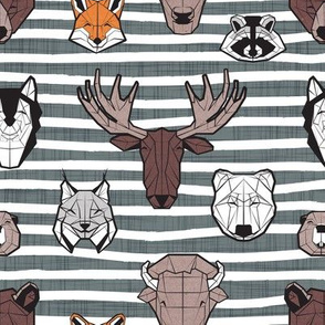 Small scale // Friendly Canadian Geometric Animals // green grey stripes linen texture background black and white orange brown and grey bear moose fox lynx beaver castor wolf raccoon bison