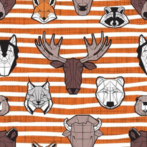 Small scale // Friendly Canadian Geometric Animals // orange stripes linen texture background black and white orange brown and grey bear moose fox lynx beaver castor wolf raccoon bison