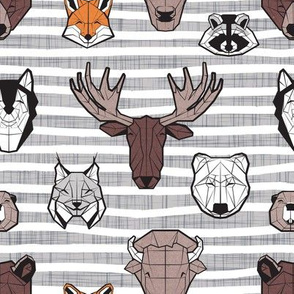 Small scale // Friendly Canadian Geometric Animals // light grey stripes linen texture background black and white orange brown and grey bear moose fox lynx beaver castor wolf raccoon bison