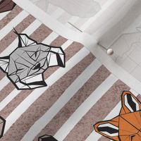 Small scale // Friendly Canadian Geometric Animals // brown taupe stripes faux texture background black and white orange brown and grey bear moose fox lynx beaver castor wolf raccoon bison