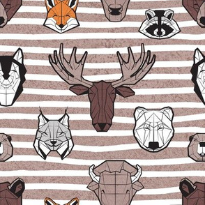 Small scale // Friendly Canadian Geometric Animals // brown taupe stripes faux texture background black and white orange brown and grey bear moose fox lynx beaver castor wolf raccoon bison