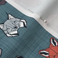 Small scale // Friendly Canadian Geometric Animals // dark teal linen texture background black and white dark orange brown and grey bear moose fox lynx beaver castor wolf raccoon bison