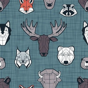 Small scale // Friendly Canadian Geometric Animals // dark teal linen texture background black and white dark orange brown and grey bear moose fox lynx beaver castor wolf raccoon bison