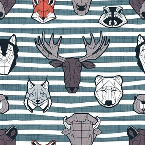 Small scale // Friendly Canadian Geometric Animals // dark teal stripes linen texture background black and white dark orange brown and grey bear moose fox lynx beaver castor wolf raccoon bison
