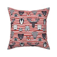 Small scale // Friendly Canadian Geometric Animals // red stripes linen texture background black and white dark orange brown and grey bear moose fox lynx beaver castor wolf raccoon bison
