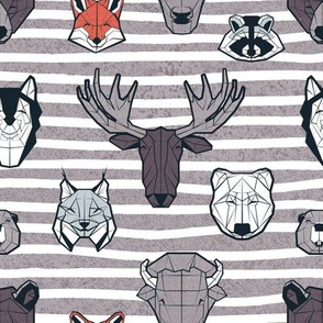 Small scale // Friendly Canadian Geometric Animals // brown lily stripes faux texture background black and white dark orange brown and grey bear moose fox lynx beaver castor wolf raccoon bison
