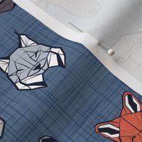 Small scale // Friendly Canadian Geometric Animals // blue linen texture background black and white dark orange brown and grey bear moose fox lynx beaver castor wolf raccoon bison