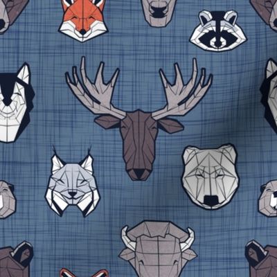 Small scale // Friendly Canadian Geometric Animals // blue linen texture background black and white dark orange brown and grey bear moose fox lynx beaver castor wolf raccoon bison