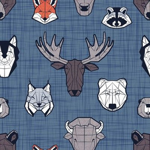 Small scale // Friendly Canadian Geometric Animals // blue linen texture background black and white dark orange brown and grey bear moose fox lynx beaver castor wolf raccoon bison