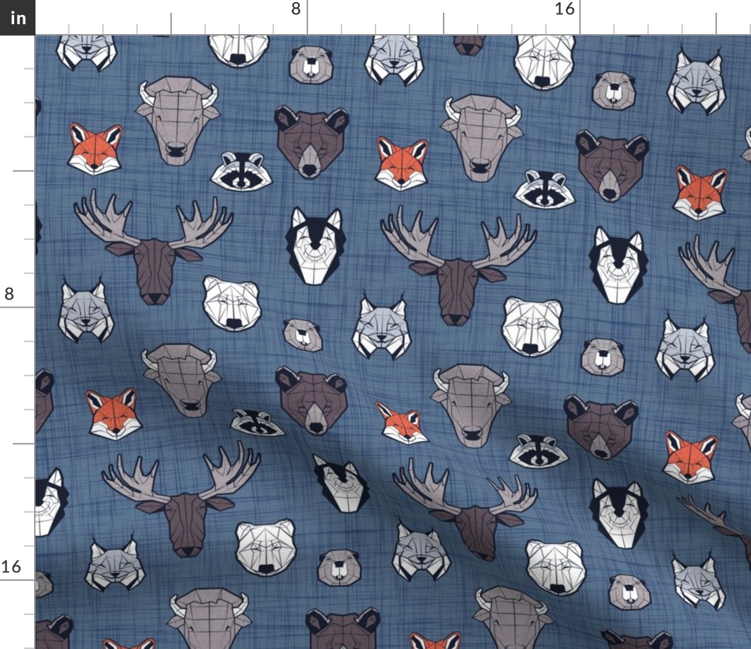 Small scale // Friendly Canadian Geometric Animals // blue linen texture background black and white dark orange brown and grey bear moose fox lynx beaver castor wolf raccoon bison