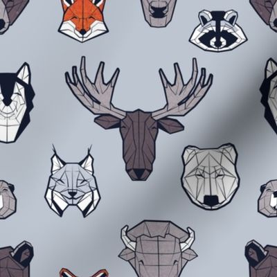 Small scale // Friendly Canadian Geometric Animals // grey blue background black and white dark orange brown and grey bear moose fox lynx beaver castor wolf raccoon bison