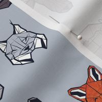 Small scale // Friendly Canadian Geometric Animals // grey blue background black and white dark orange brown and grey bear moose fox lynx beaver castor wolf raccoon bison