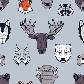 Small scale // Friendly Canadian Geometric Animals // grey blue background black and white dark orange brown and grey bear moose fox lynx beaver castor wolf raccoon bison