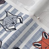 Small scale // Friendly Canadian Geometric Animals // grey blue stripes linen texture background black and white dark orange brown and grey bear moose fox lynx beaver castor wolf raccoon bison